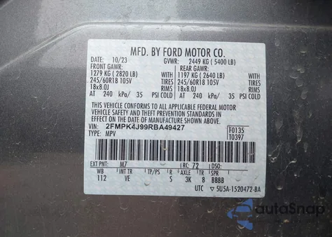 2024 Ford Edge Sel из США, поврежденный, VIN 2FMPK4J99RBA49427